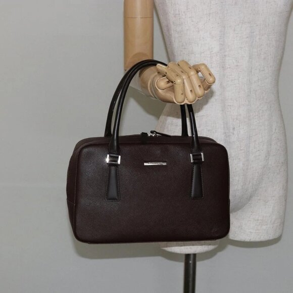 BURBERRY Hand Bag Leather Brown Silver Auth